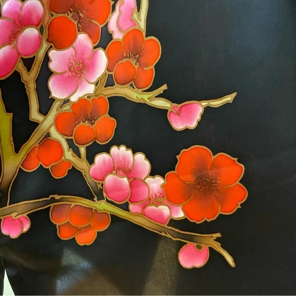 Old Shanghai Cherry Blossom Black Silk Kimono Floral Robe O/S - Picture 5 of 13